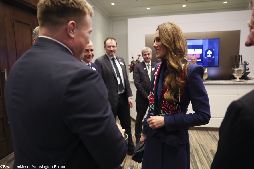 Kate Being Welcomed Six Nations Rugby McQueen Blue Coat Feb 22 2026 KP | Imperial Wire