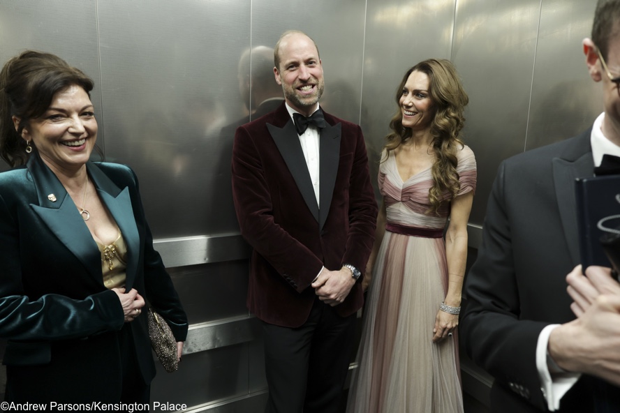 Kate Will Laughing BAFTA In Elevator Jane Millichip BAFTA CEO Feb 22 2026 Blush Pink Gucci | Imperial Wire