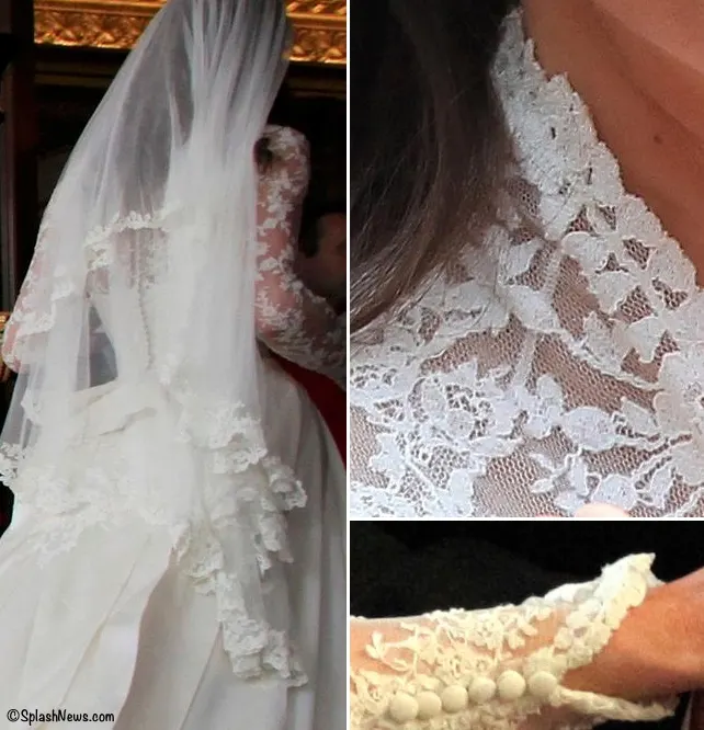 Kate Middleton Wedding Gown Closeup Lace Sleeve Buttons Veil