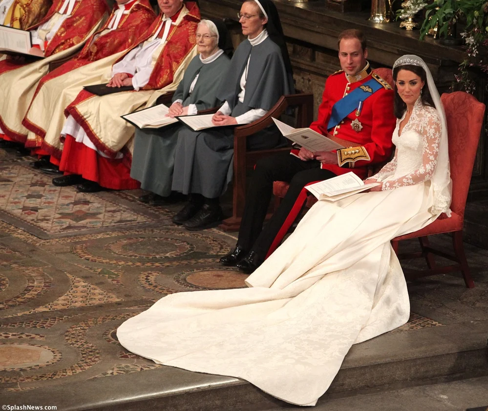 Royal Wedding Kate Middleton Prince William seated Westminster Abbey McQueen Gown Cartier Halo Tiara