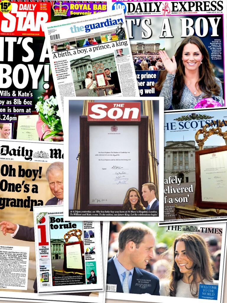 The Sun Son Newspaper Prince William & Kate Middleton Birth Baby Boy George 