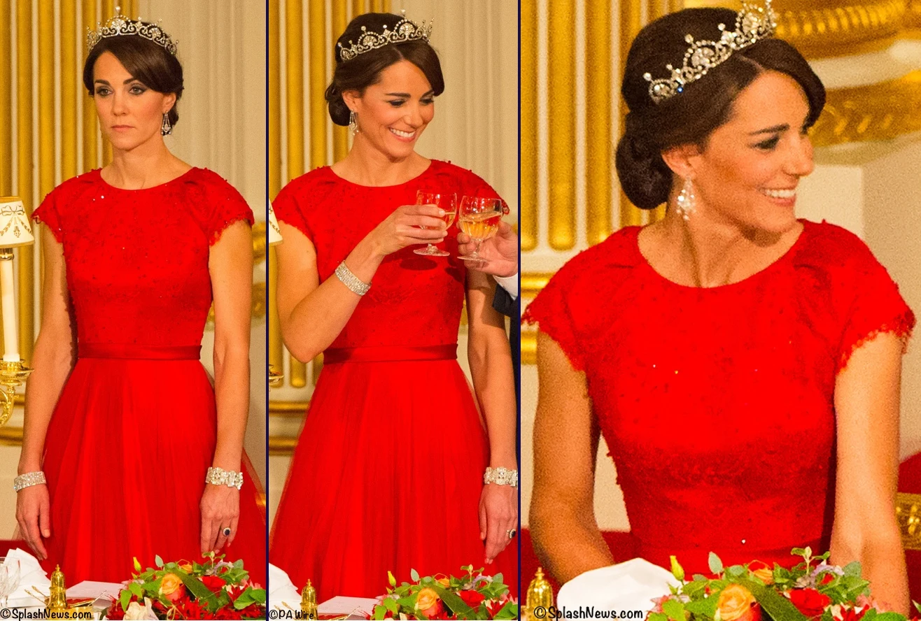Kate Middleton Red Jenny packham Gown Tiara State Dinner Banquet China