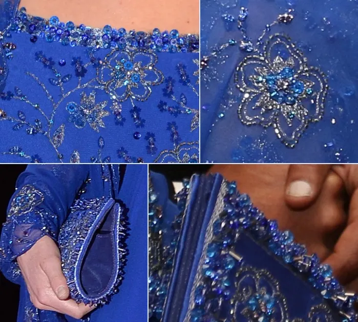 Kate Bollywood Gala India Tour Blue Jenny Packham Gown Fabric and Handbag Clutch Closeups May 12 2016