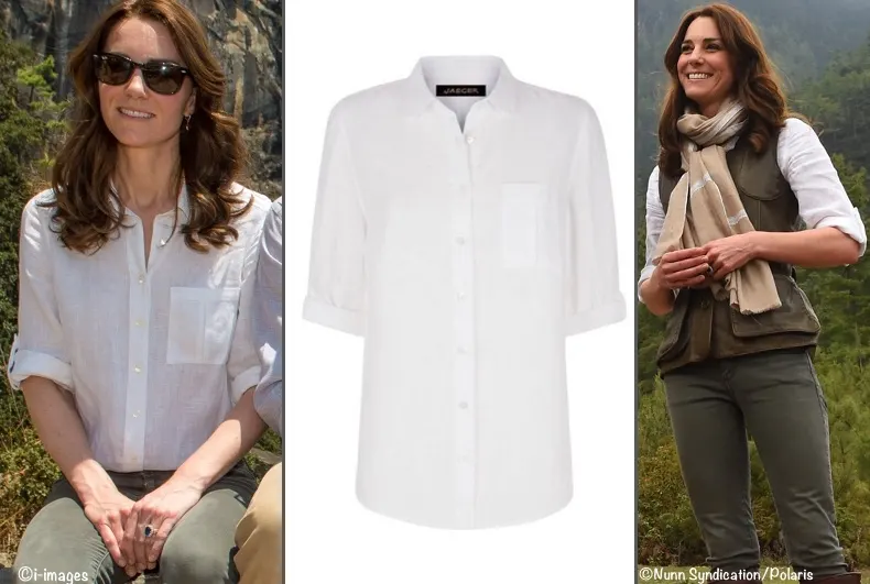 Kate Bhutan Monastery Hike i-iamges Polaris White Jaeger classic linen blouse shirt