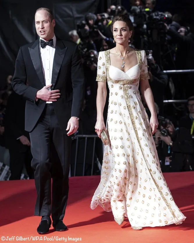 Duke Duchess Cambridge 2020 BAFTA Awards gold white McQueen repeat 