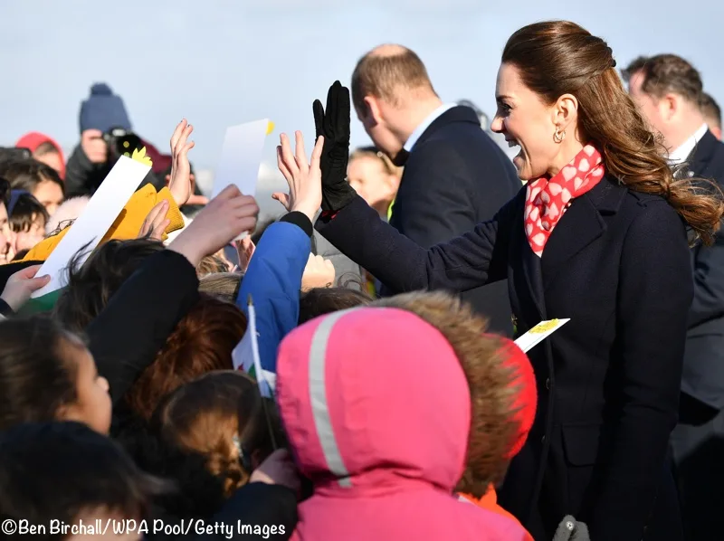 Kate Middleton walkabout Wales Mumbles navy Hobbs Coat